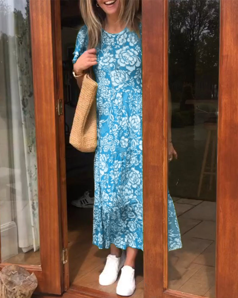Laluna® | Floral Print Short Sleeve Maxi Dress