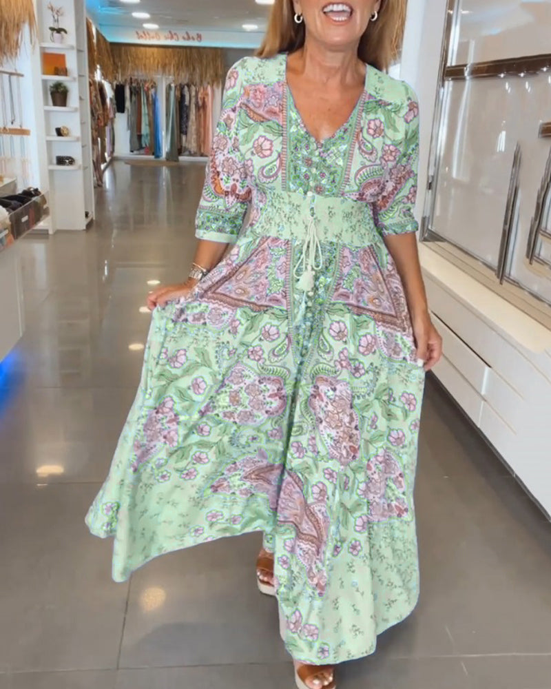 Laluna® | V-Neck 3/4 Sleeve Vacation Dress