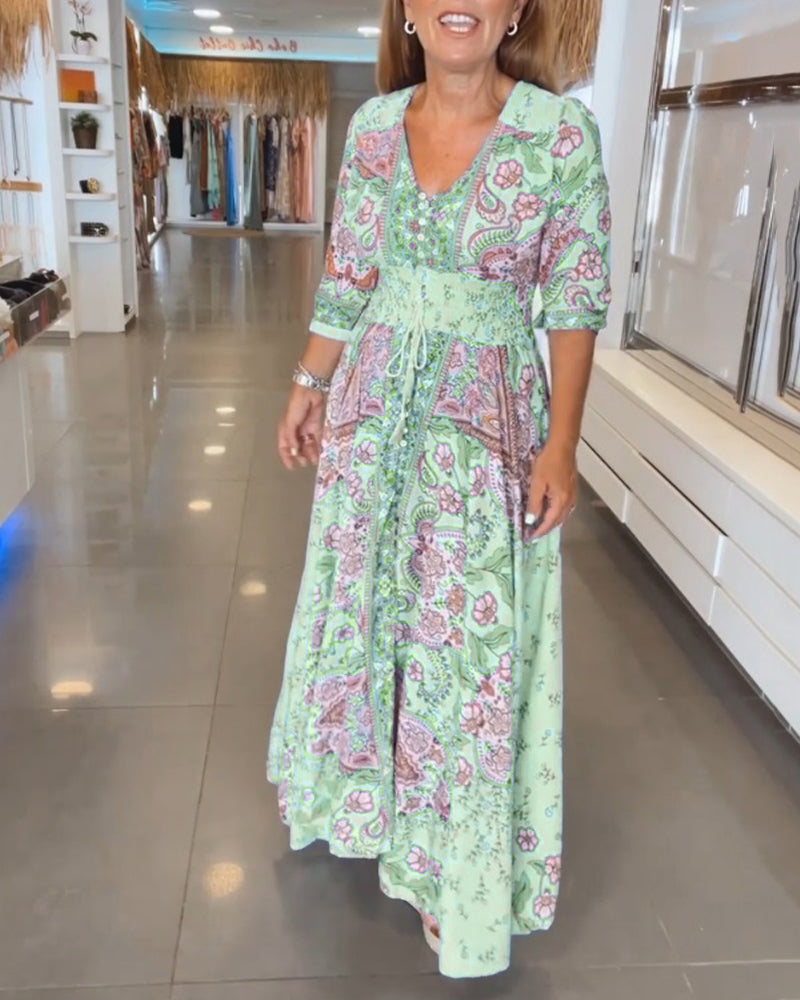 Laluna® | V-Neck 3/4 Sleeve Vacation Dress