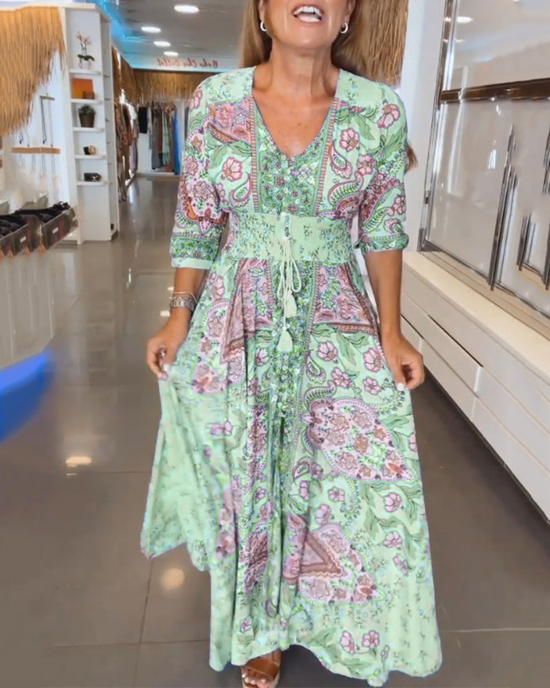 Laluna® | V-Neck 3/4 Sleeve Vacation Dress