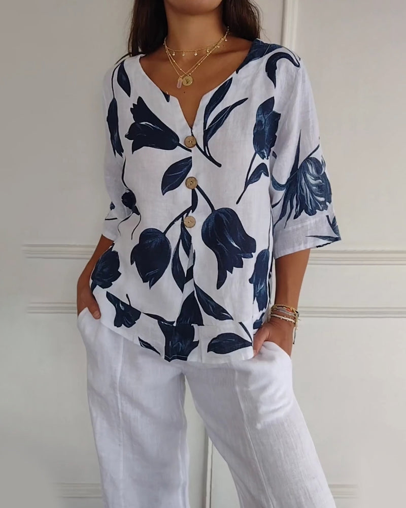 Floral Print Cotton-Linen Blend Top