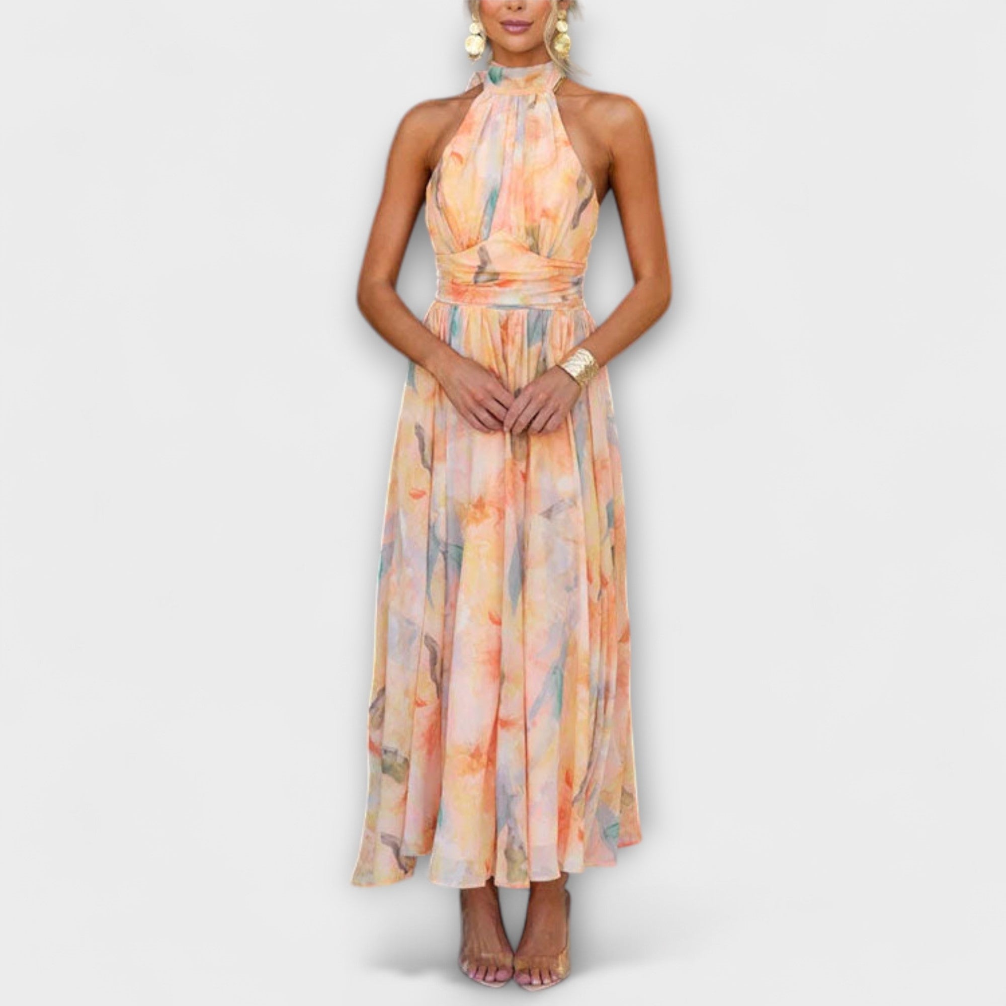 Laluna® | Watercolor Print Maxi Dress with Halter Neck