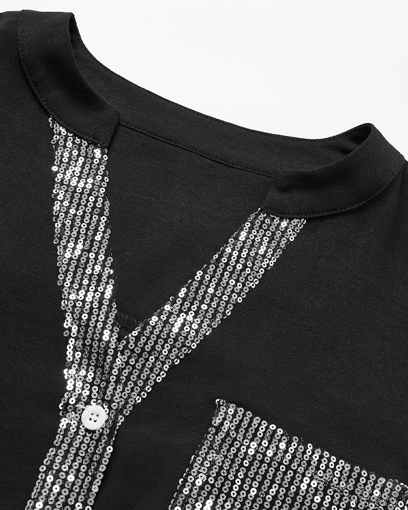 Laluna® | Casual Top Featuring Sequin Detail and Button Accents