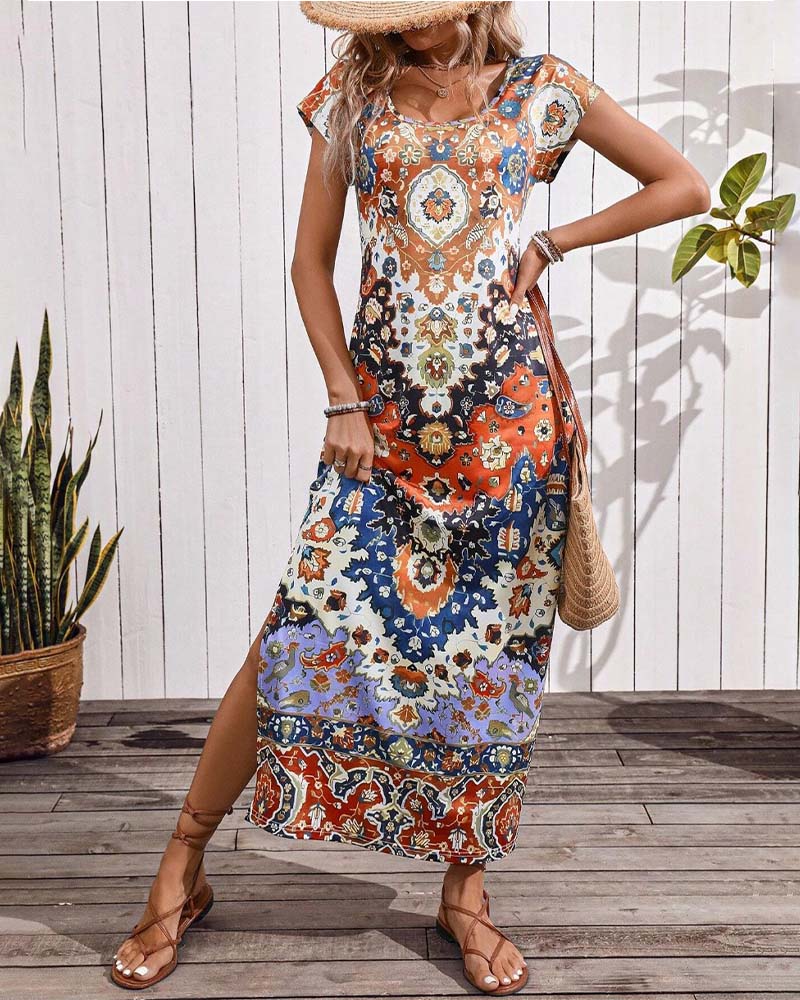Vibrant Printed Casual Dress with Stylish Slits