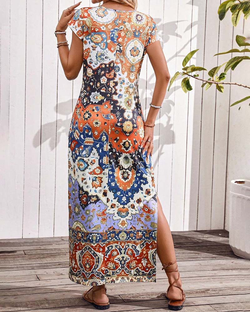 Vibrant Printed Casual Dress with Stylish Slits