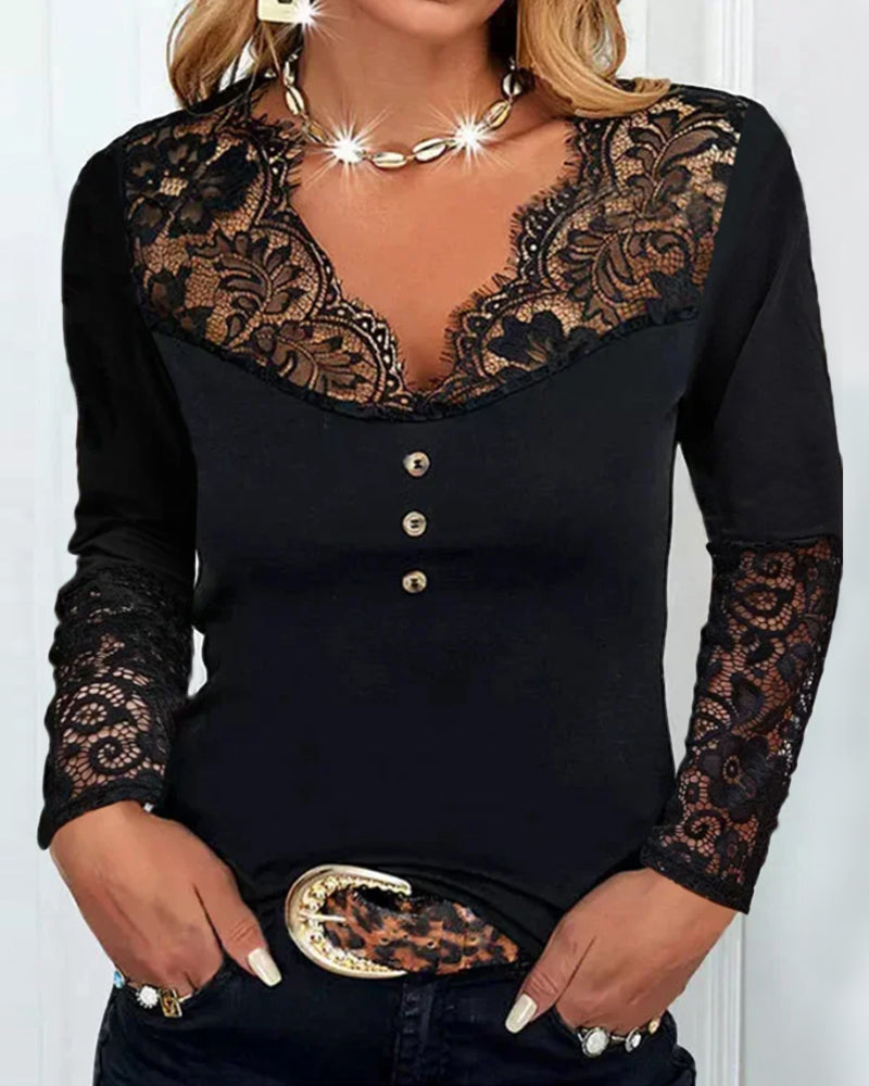 Lace-Trimmed Long Sleeve V-Neck Top