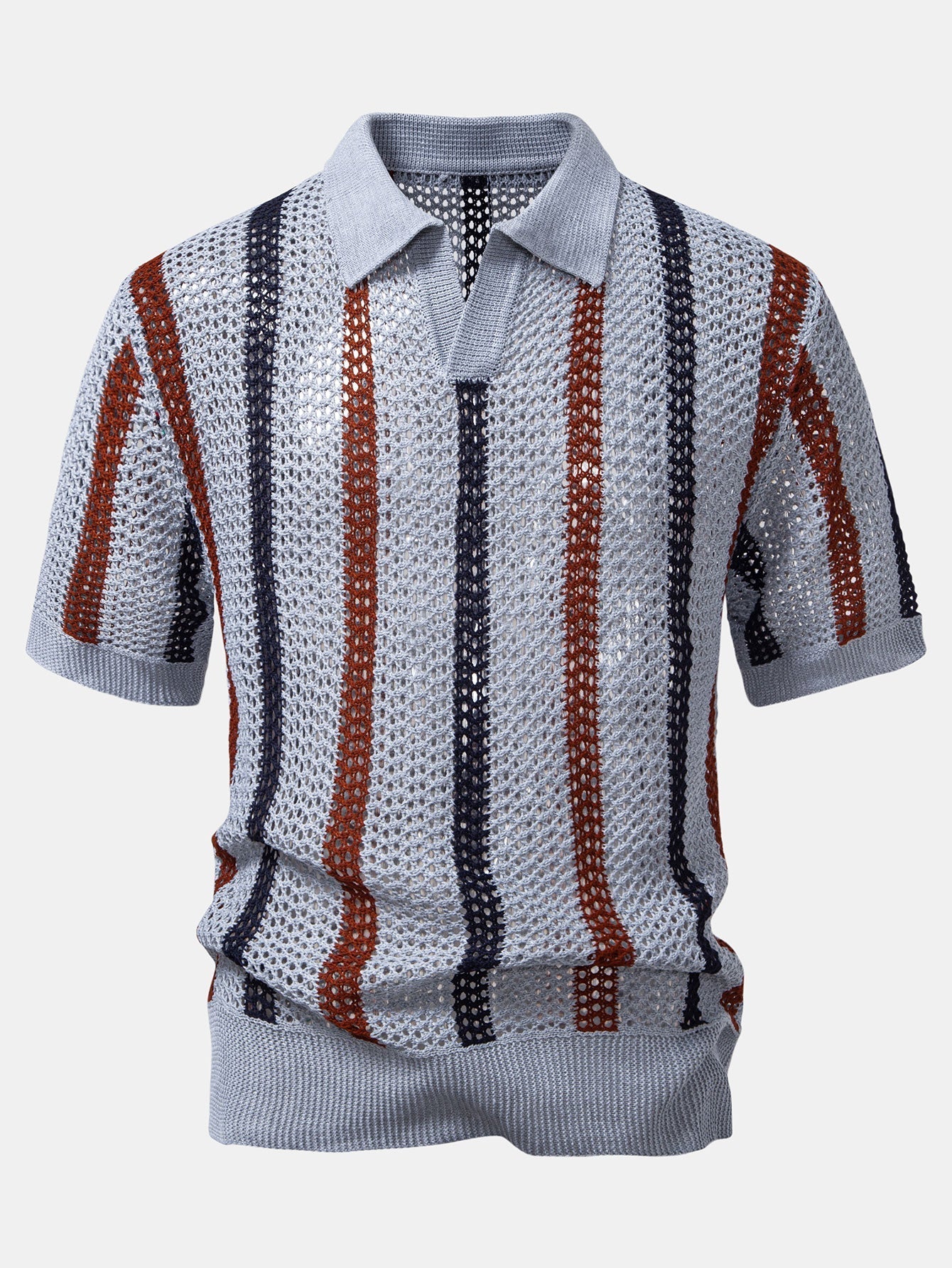 Striped V-Neck Crochet Polo with Straight-Leg Linen Pants