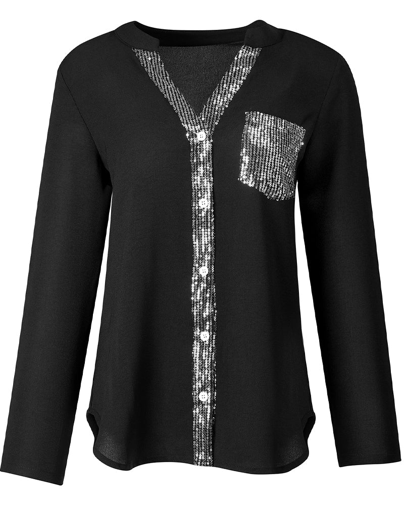 Laluna® | Casual Top Featuring Sequin Detail and Button Accents