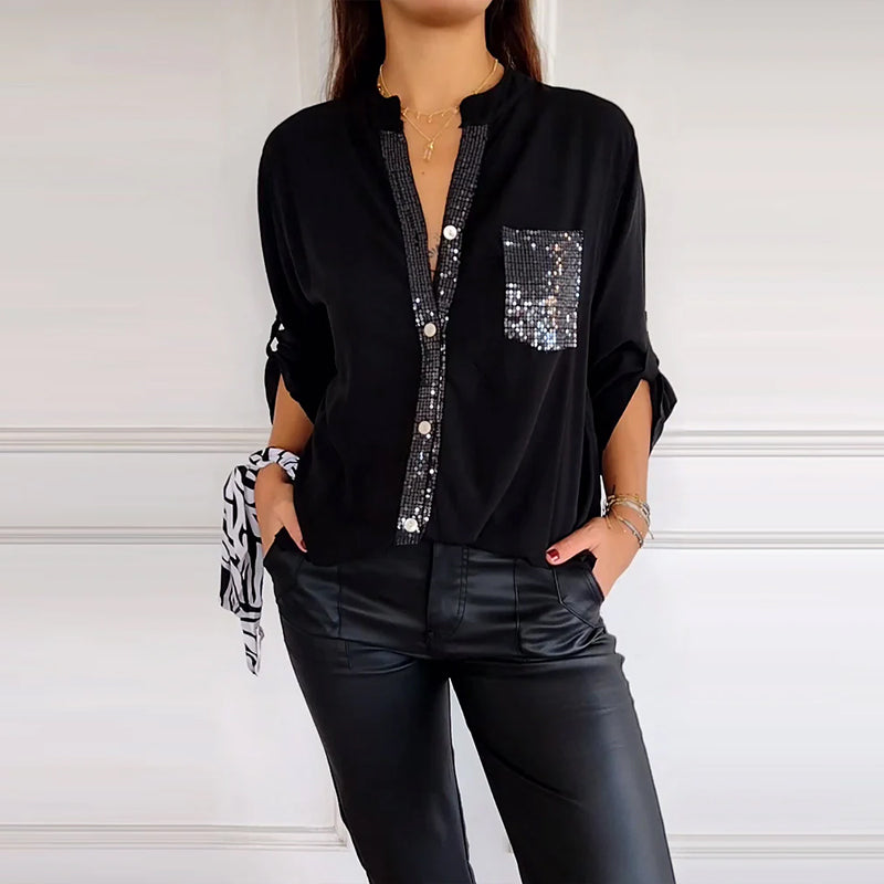 Laluna® | Casual Top Featuring Sequin Detail and Button Accents
