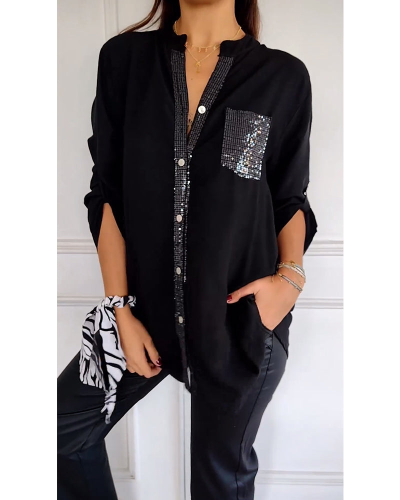 Laluna® | Casual Top Featuring Sequin Detail and Button Accents