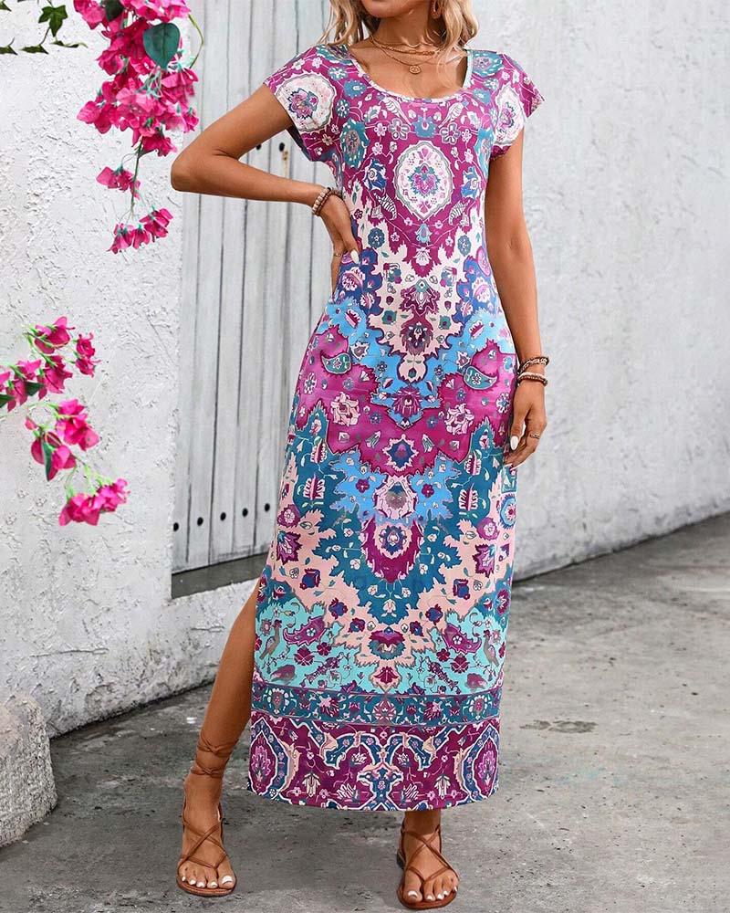 Vibrant Printed Casual Dress with Stylish Slits