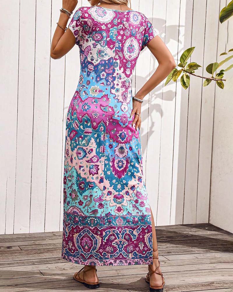 Vibrant Printed Casual Dress with Stylish Slits