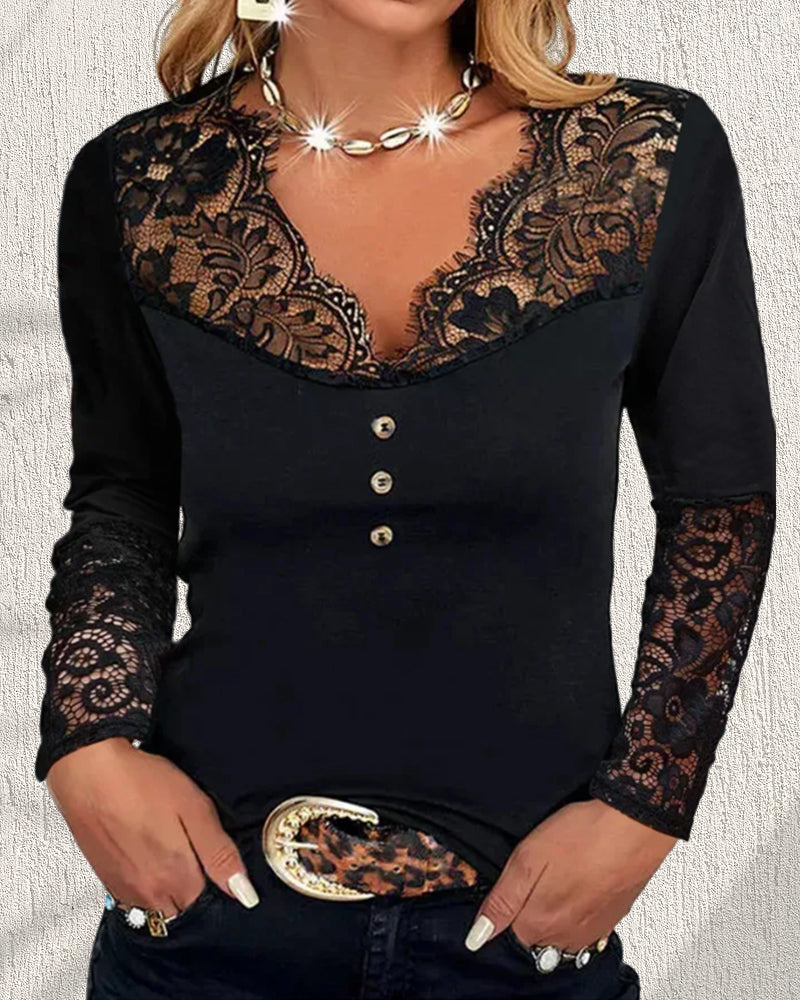 Lace-Trimmed Long Sleeve V-Neck Top