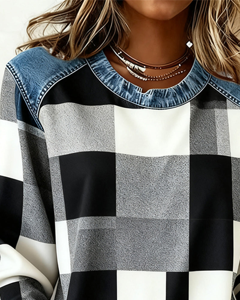 Laluna® | Sweatshirt with Check Patchwork and Contrast Color