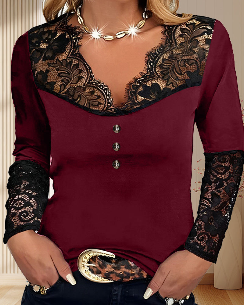 Lace-Trimmed Long Sleeve V-Neck Top