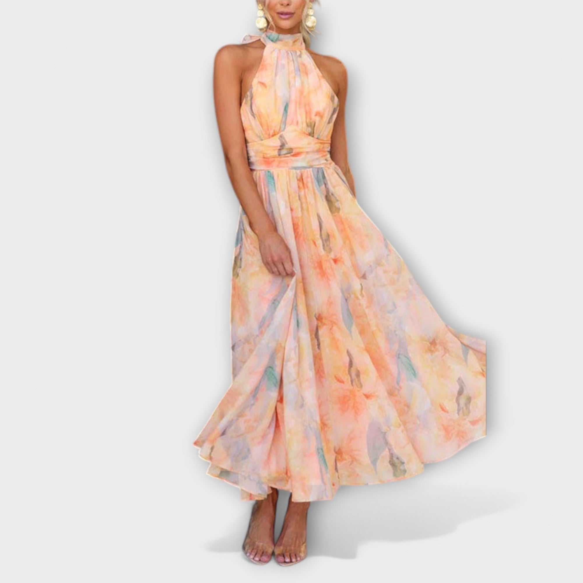 Laluna® | Watercolor Print Maxi Dress with Halter Neck