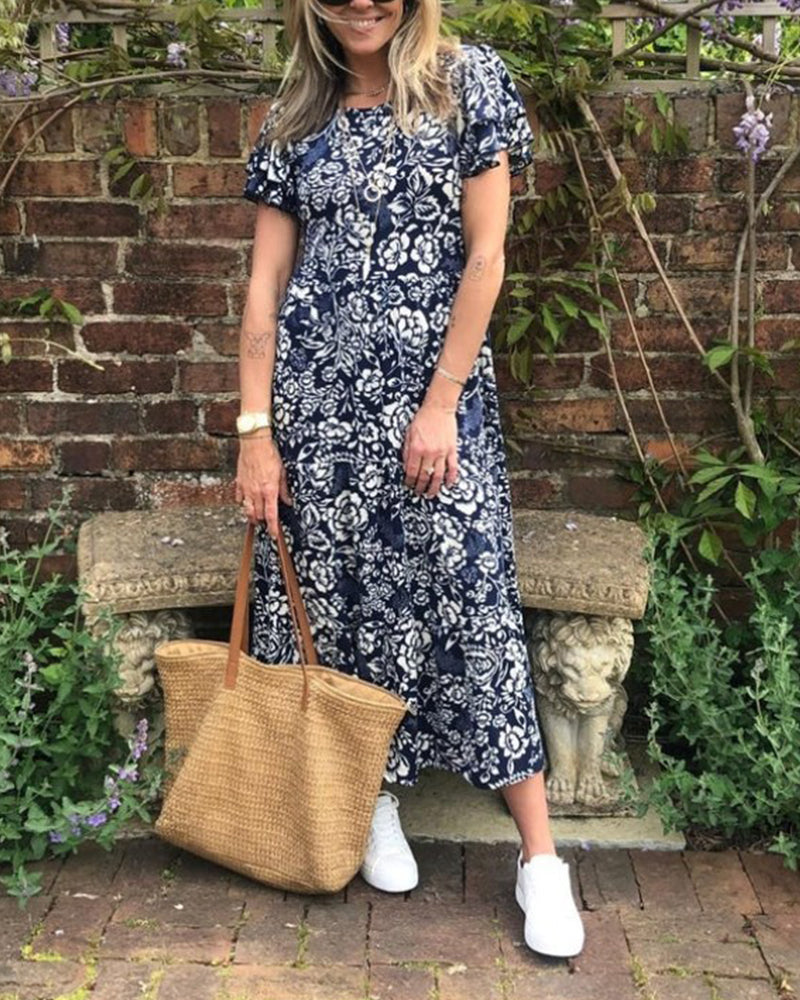 Laluna® | Floral Print Short Sleeve Maxi Dress