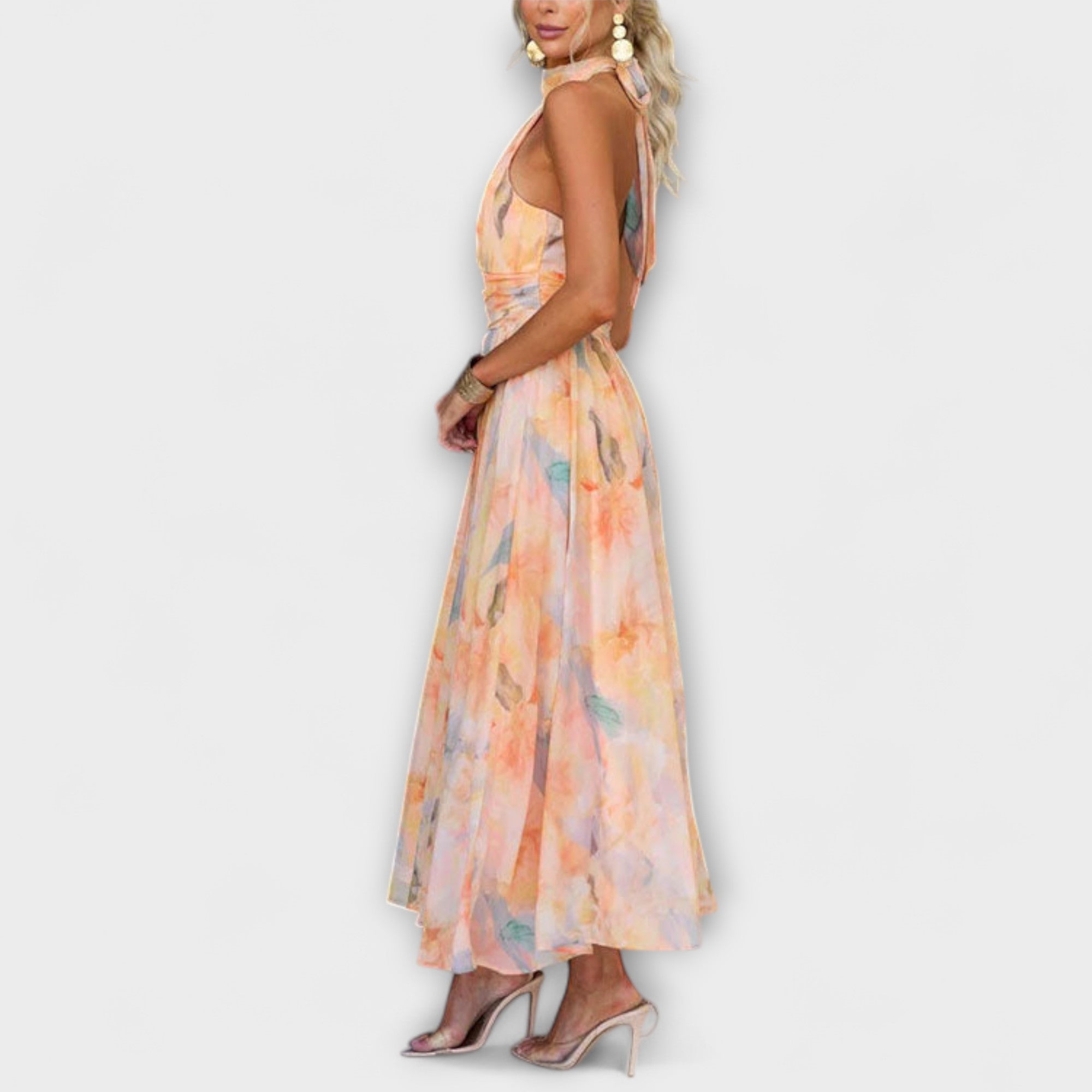 Laluna® | Watercolor Print Maxi Dress with Halter Neck
