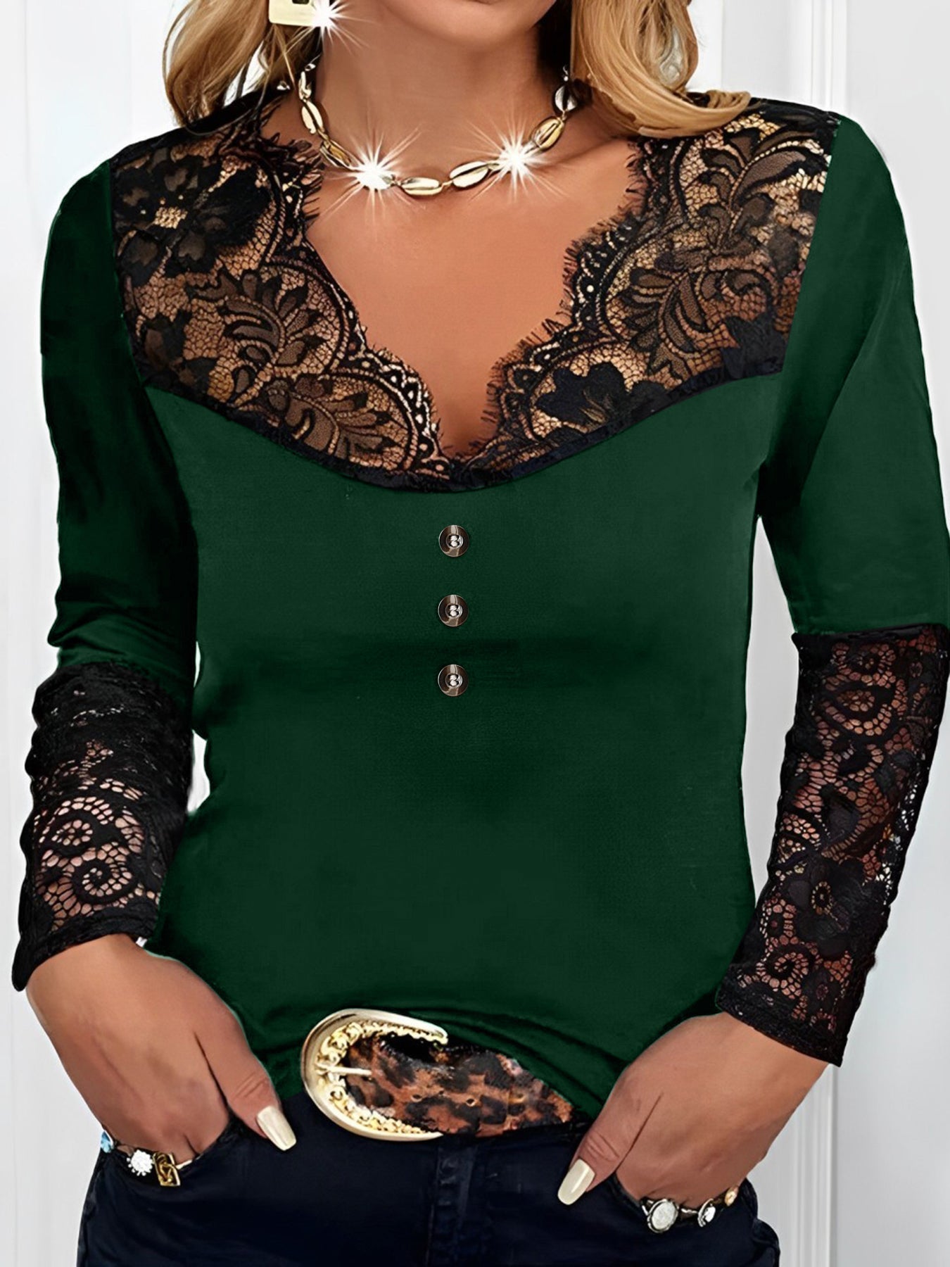 Lace-Trimmed Long Sleeve V-Neck Top