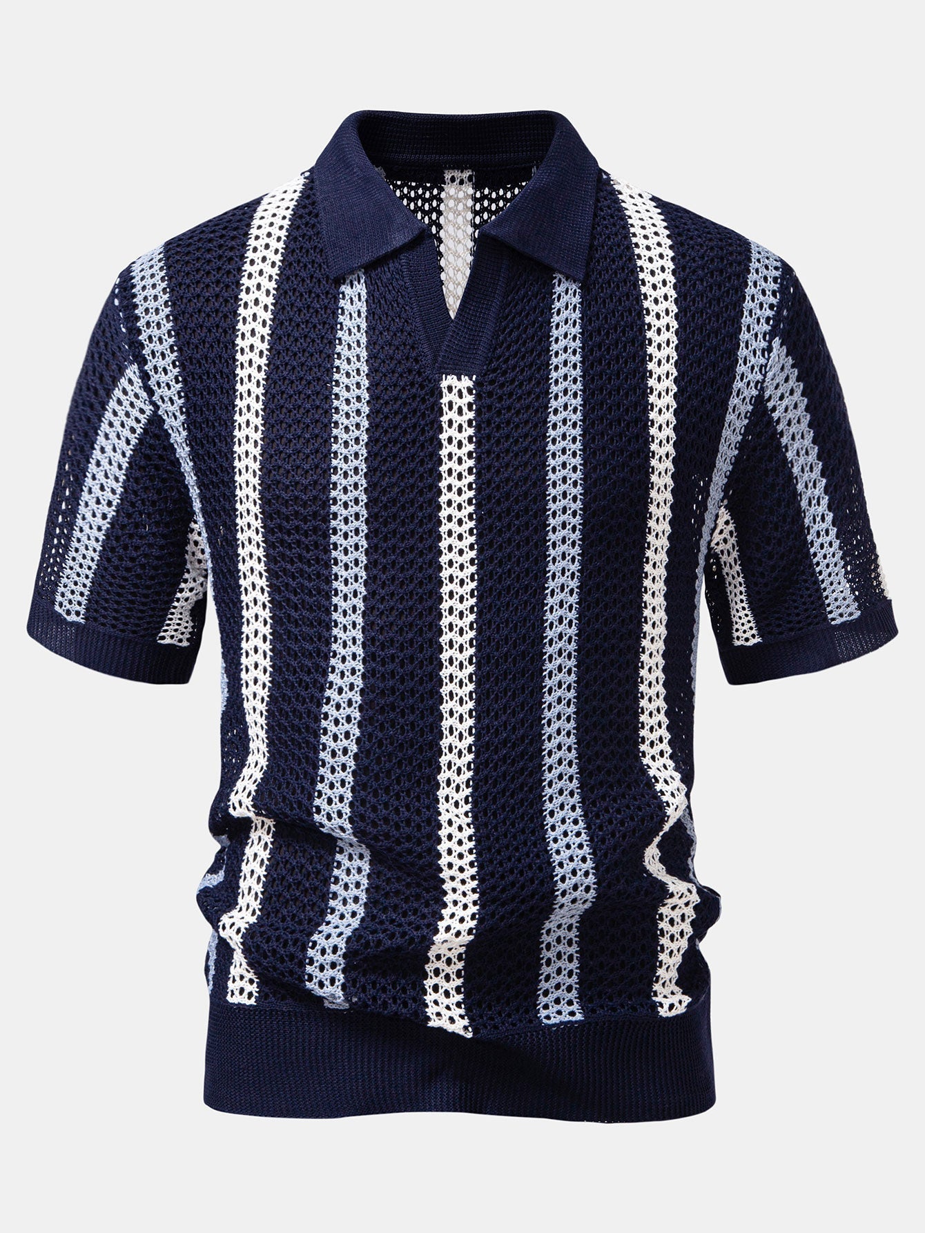 Striped V-Neck Crochet Polo with Straight-Leg Linen Pants