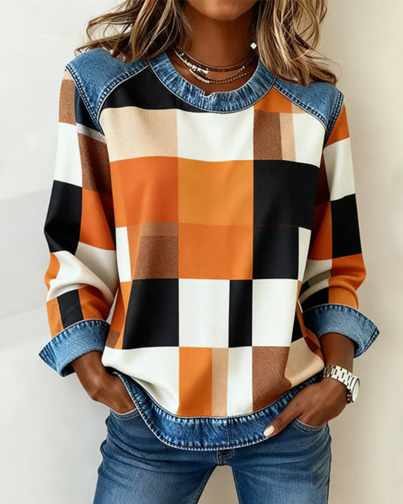 Laluna® | Sweatshirt with Check Patchwork and Contrast Color