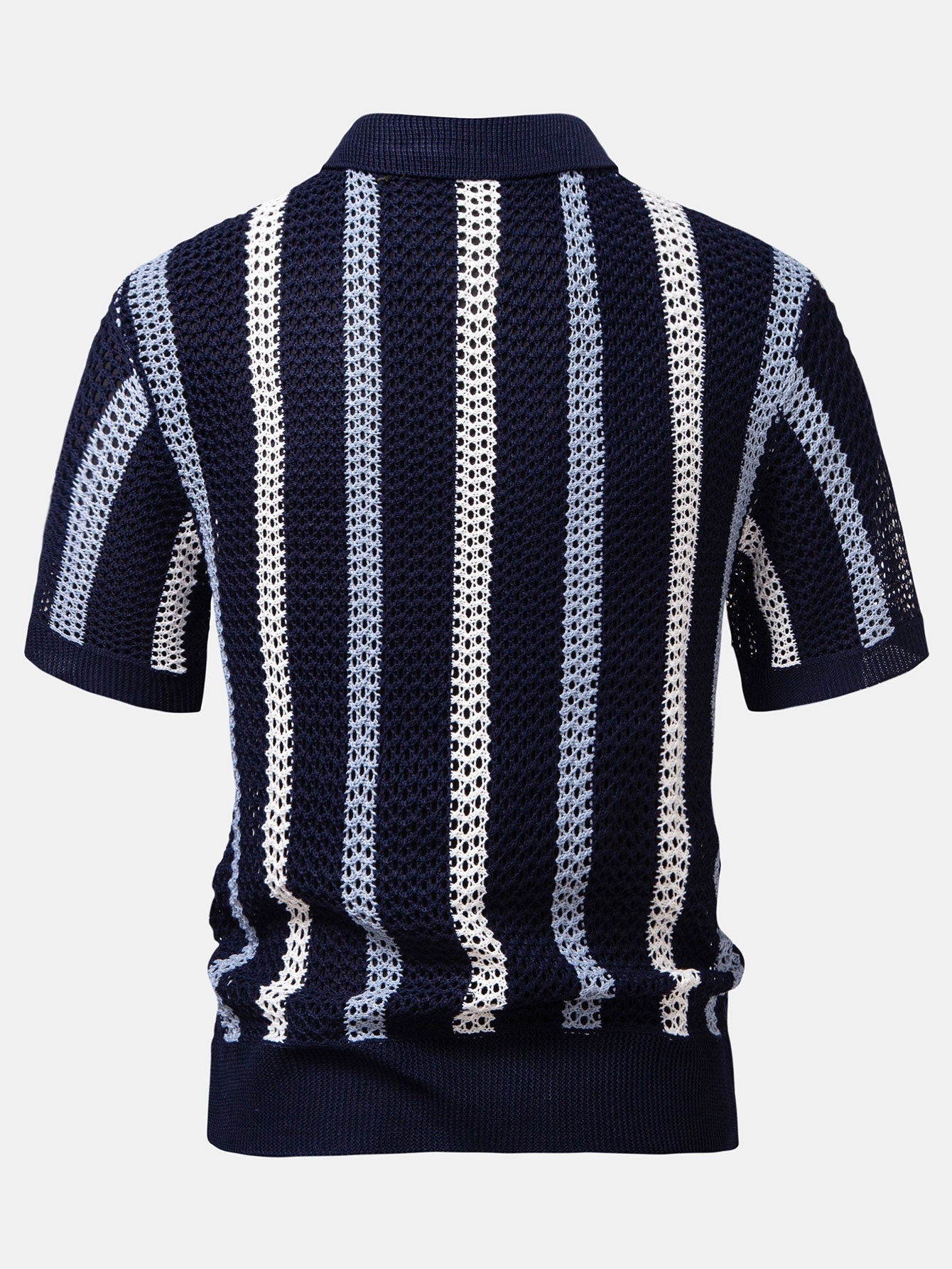 Striped V-Neck Crochet Polo with Straight-Leg Linen Pants