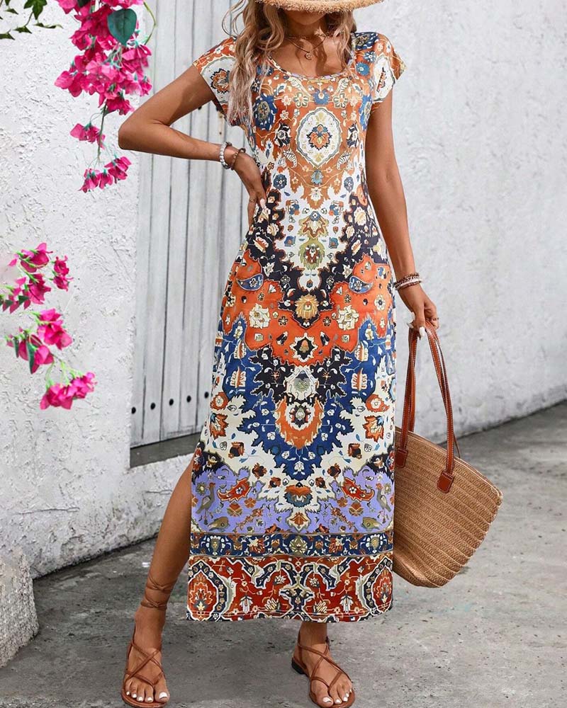 Vibrant Printed Casual Dress with Stylish Slits