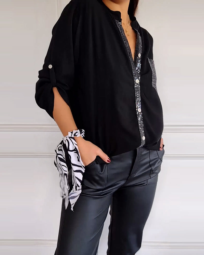 Laluna® | Casual Top Featuring Sequin Detail and Button Accents