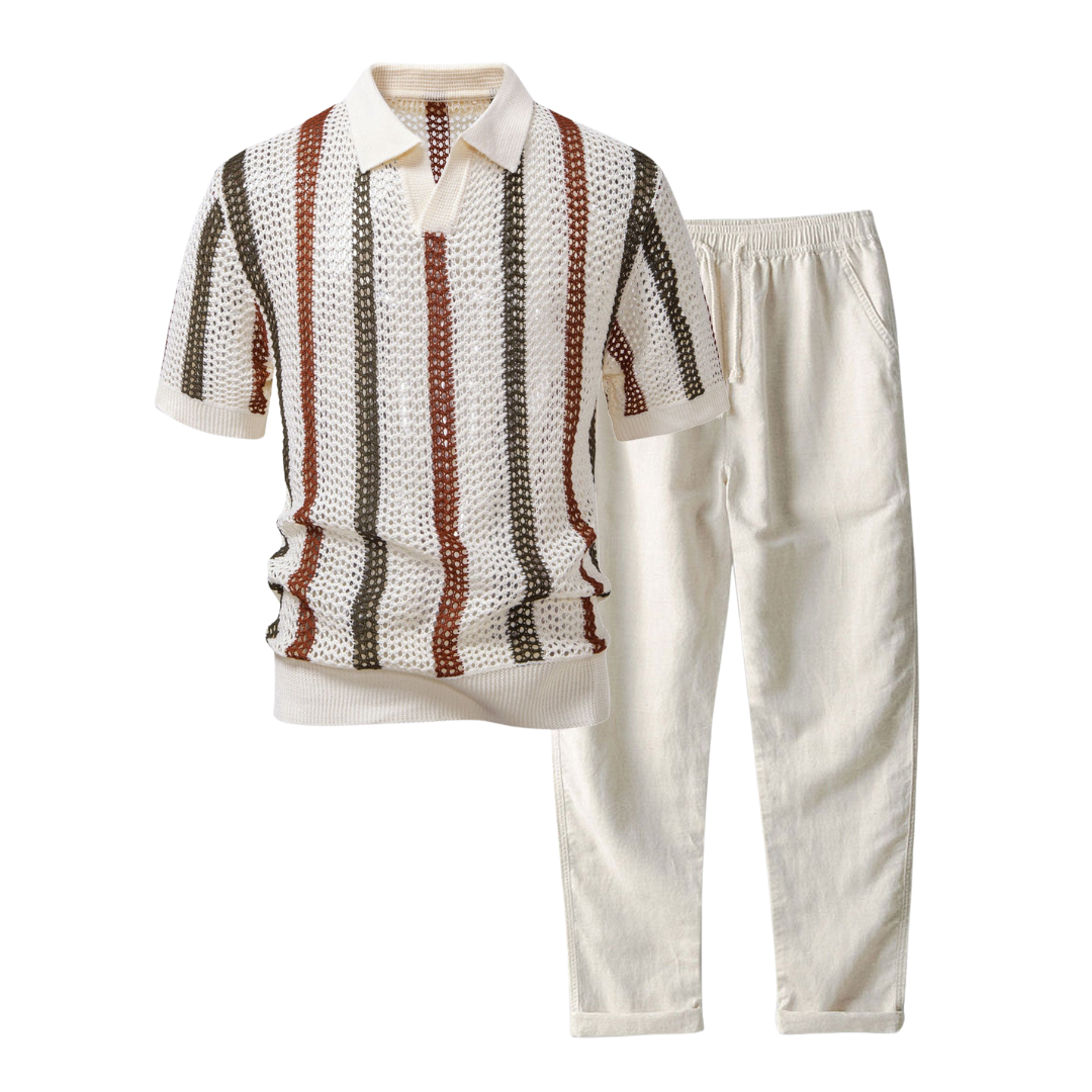 Striped V-Neck Crochet Polo with Straight-Leg Linen Pants