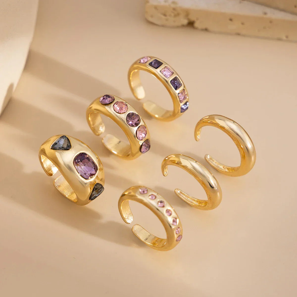 Set of 6 Gold-Colored Rings with Purple Zircon – Adjustable & Luxury Finish