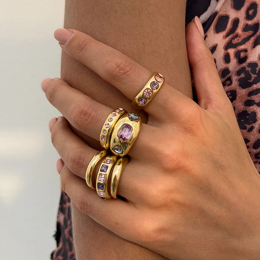Set of 6 Gold-Colored Rings with Purple Zircon – Adjustable & Luxury Finish