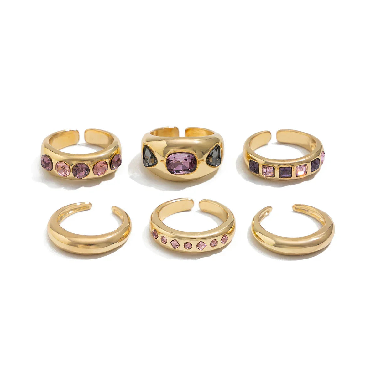 Set of 6 Gold-Colored Rings with Purple Zircon – Adjustable & Luxury Finish