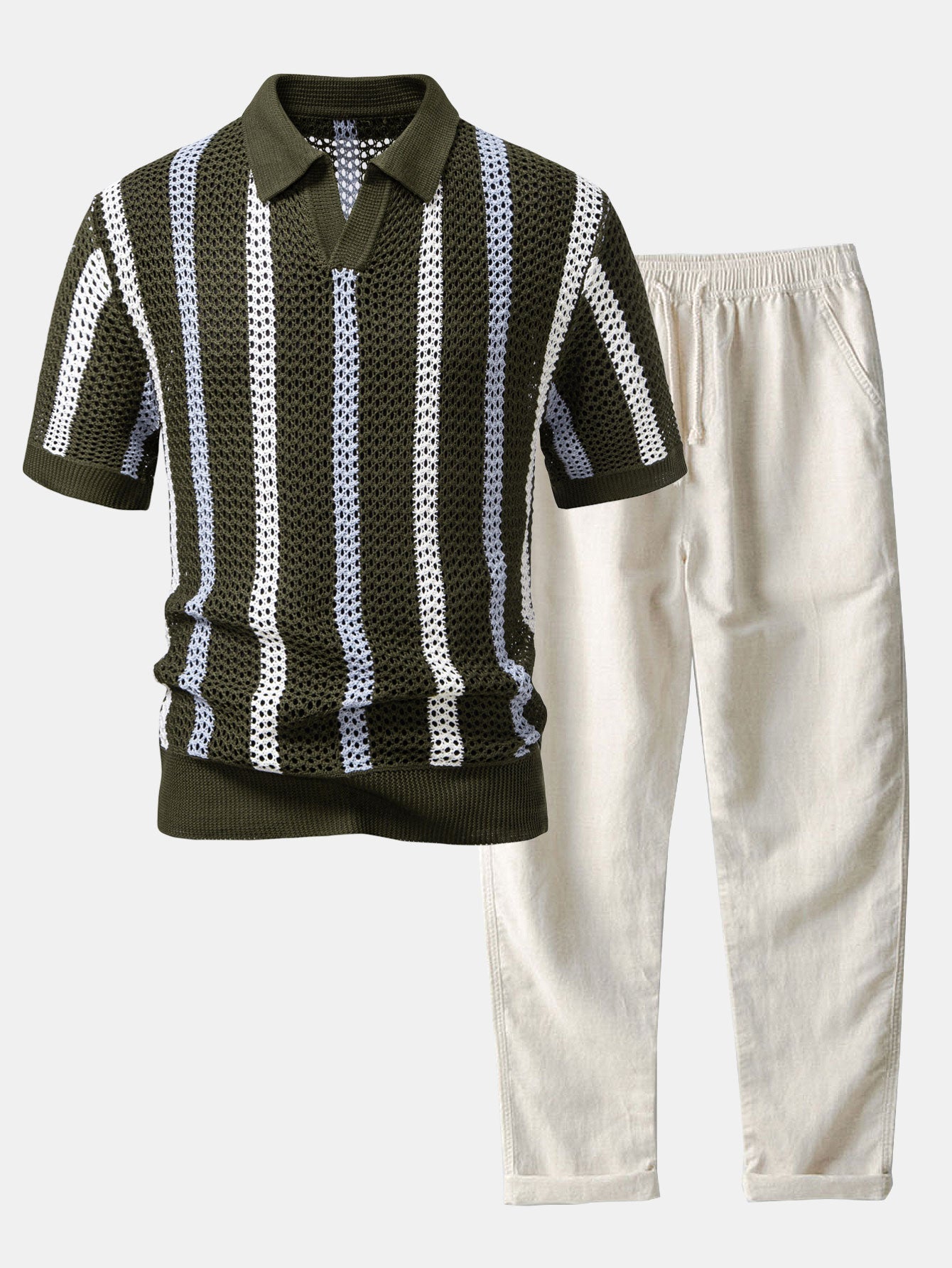 Striped V-Neck Crochet Polo with Straight-Leg Linen Pants