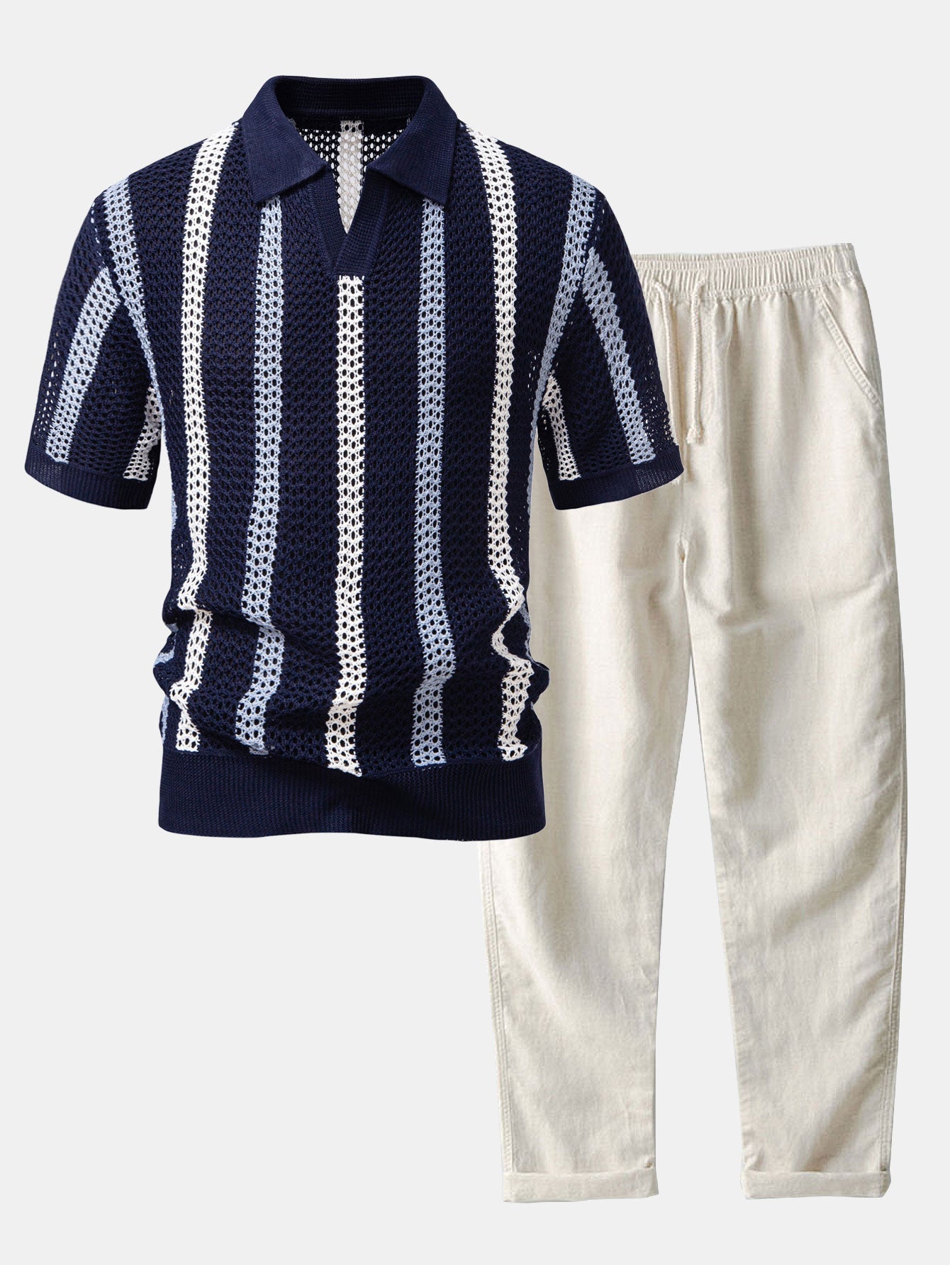 Striped V-Neck Crochet Polo with Straight-Leg Linen Pants