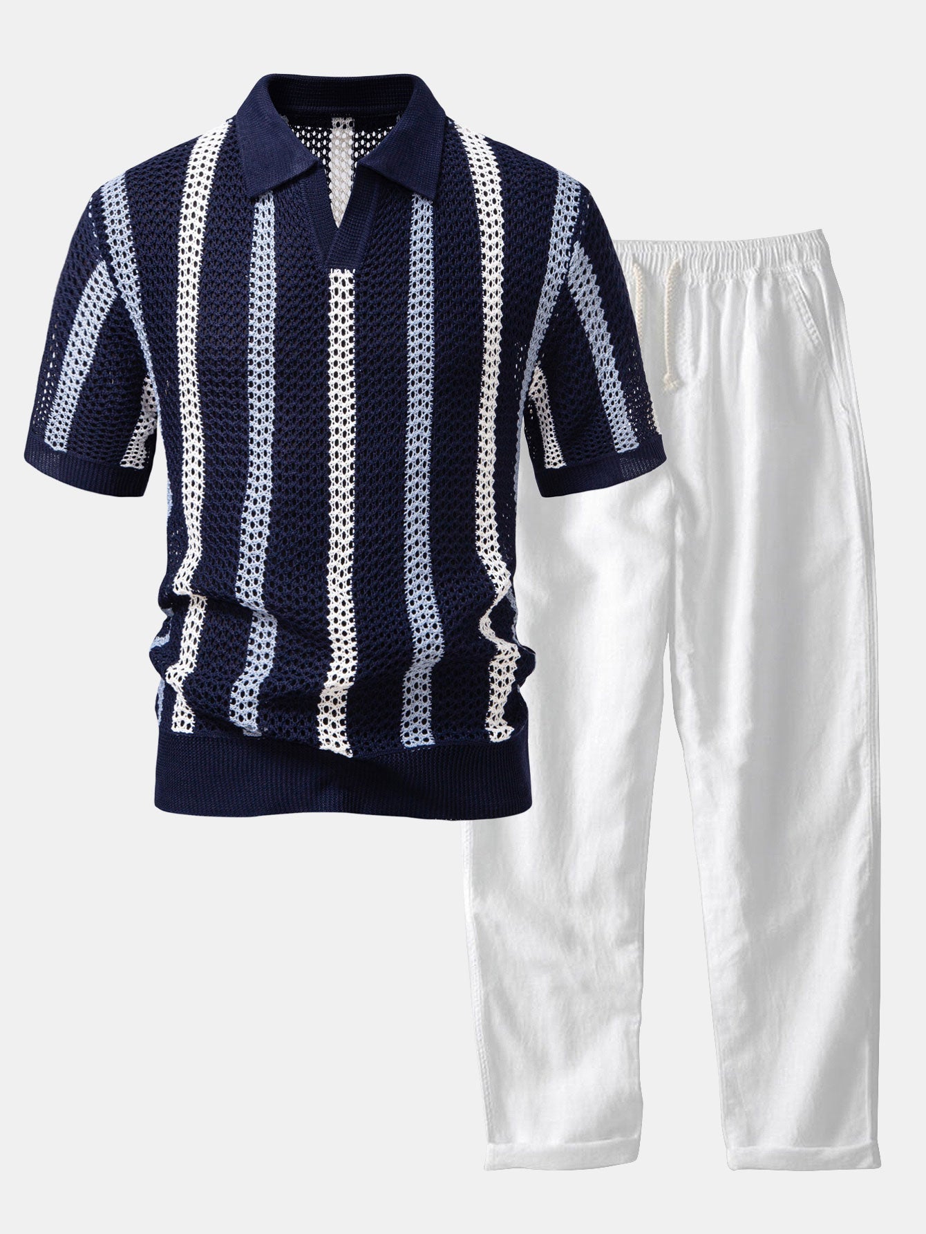 Striped V-Neck Crochet Polo with Straight-Leg Linen Pants