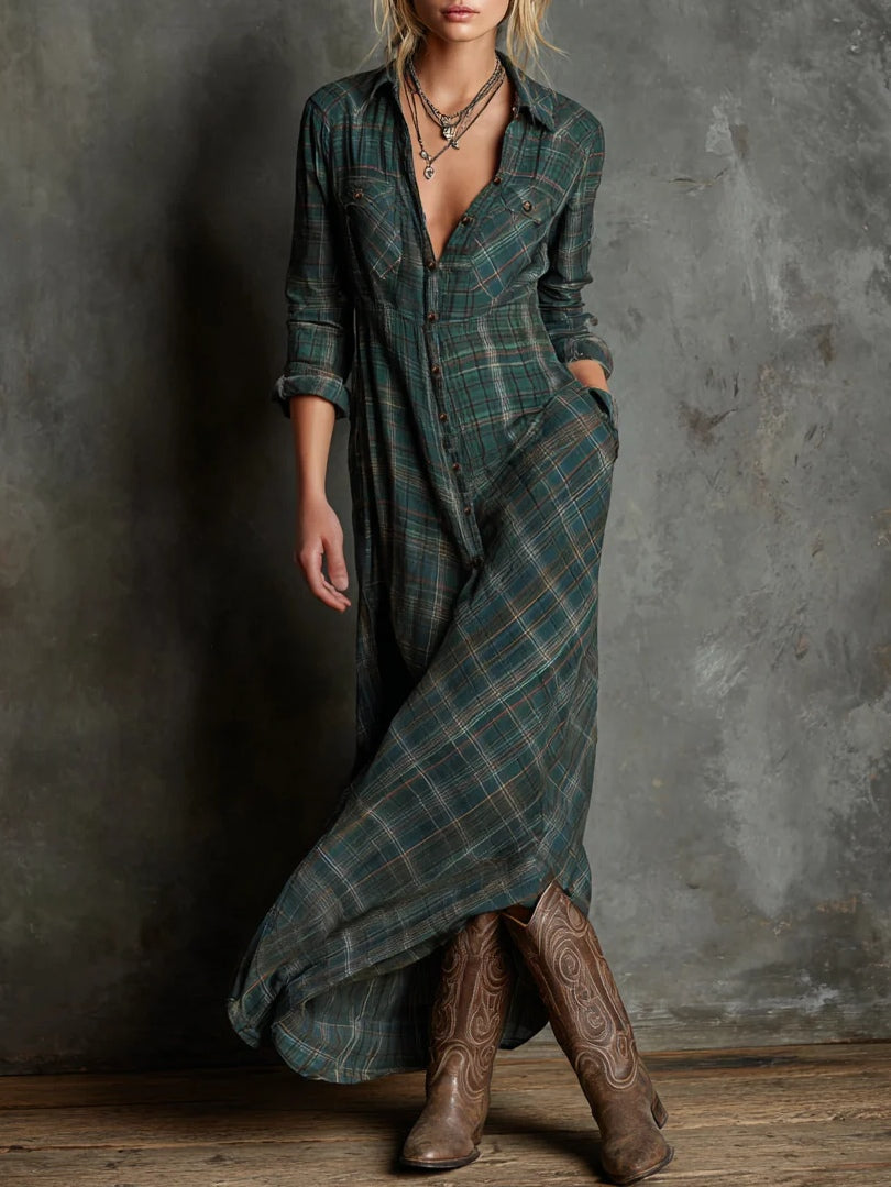 Long dress with green checkered lapel