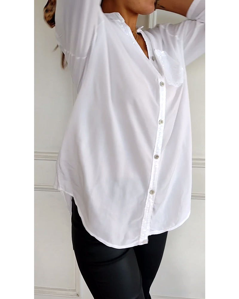 Laluna® | Casual Top Featuring Sequin Detail and Button Accents