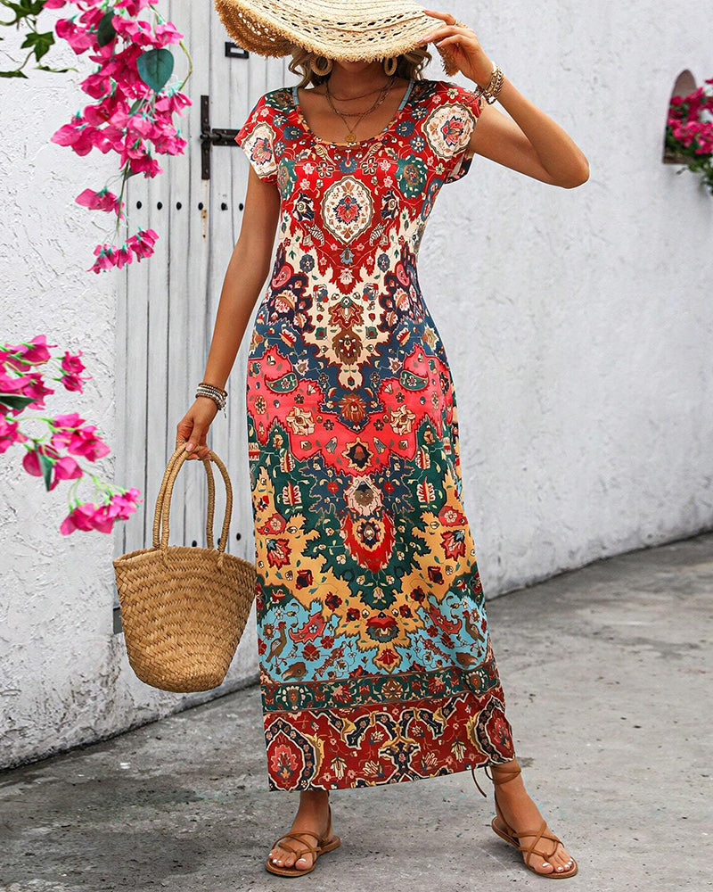 Vibrant Printed Casual Dress with Stylish Slits