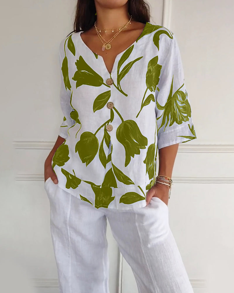 Floral Print Cotton-Linen Blend Top