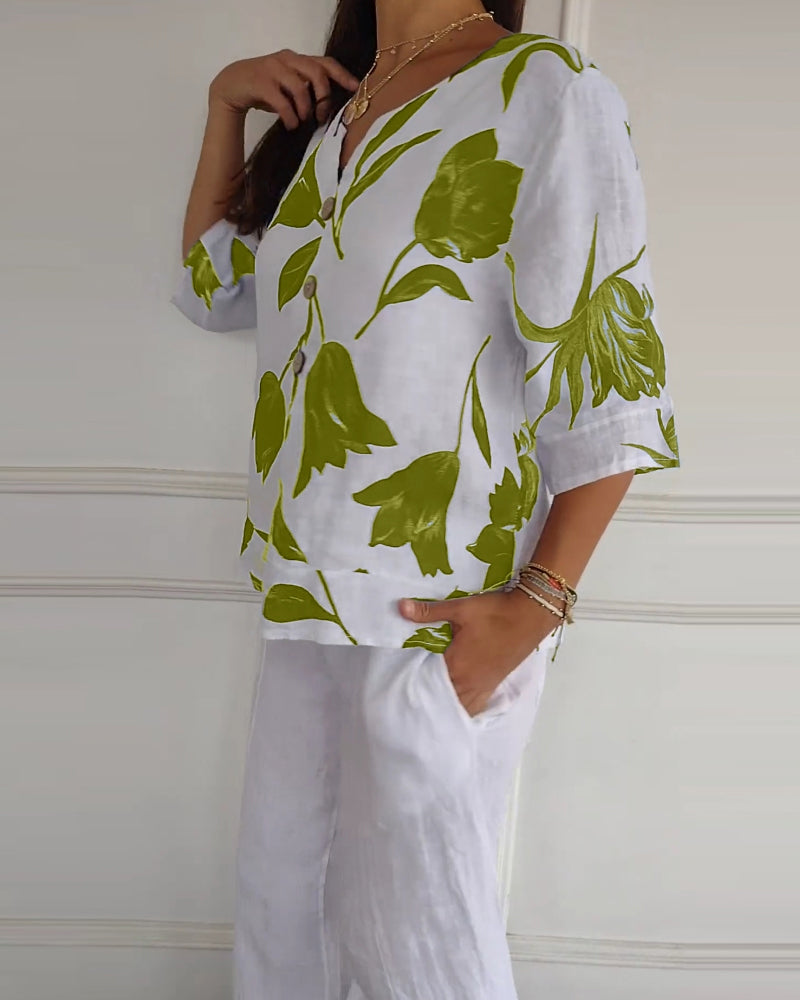 Floral Print Cotton-Linen Blend Top