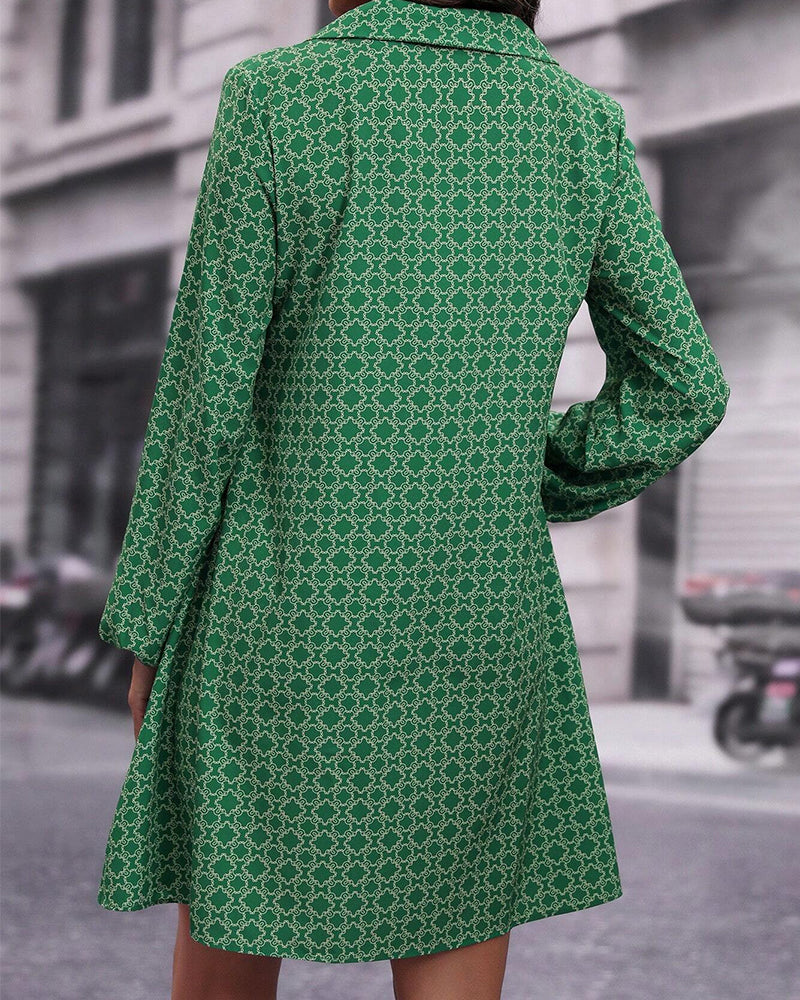Long Sleeve Lapel Printed Dress