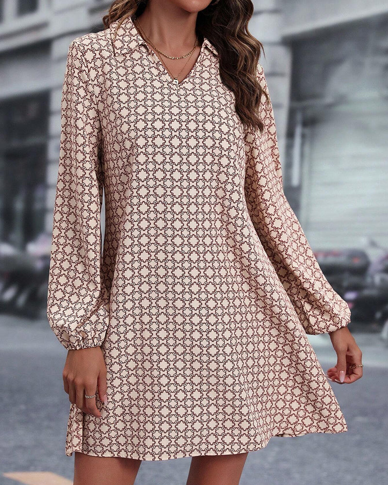 Long Sleeve Lapel Printed Dress