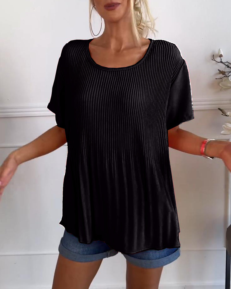 Relaxed Pleated Blouse with Round Neck