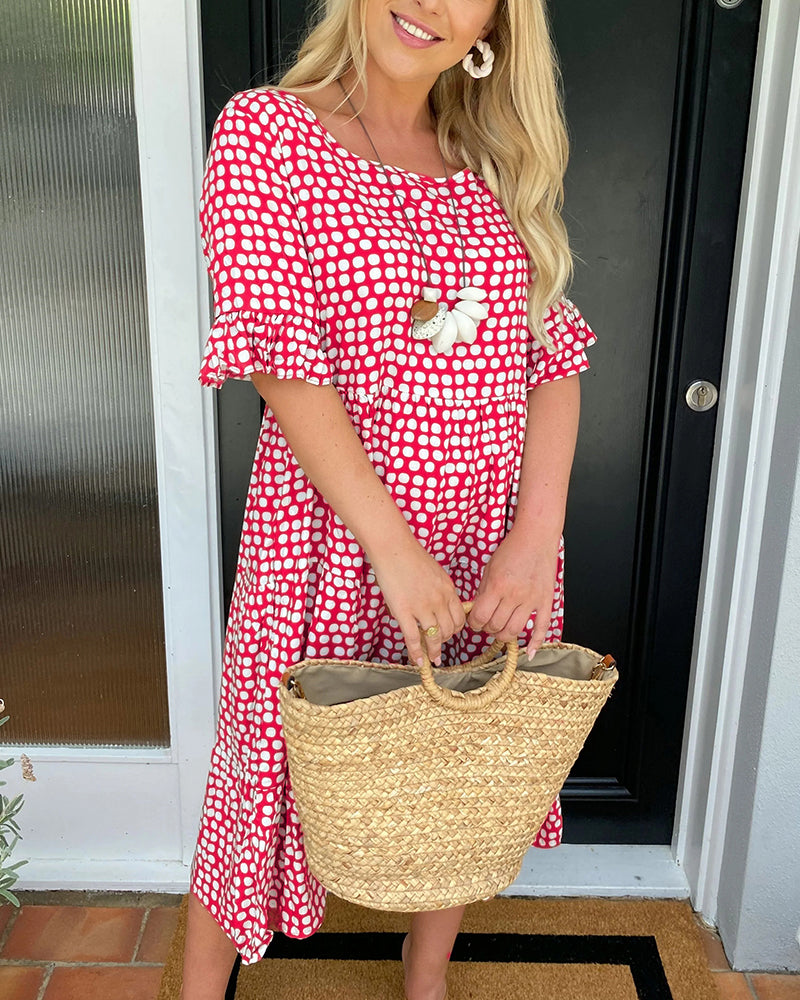 Laluna® | Polka Dot Print Midi Dress with Round Neck