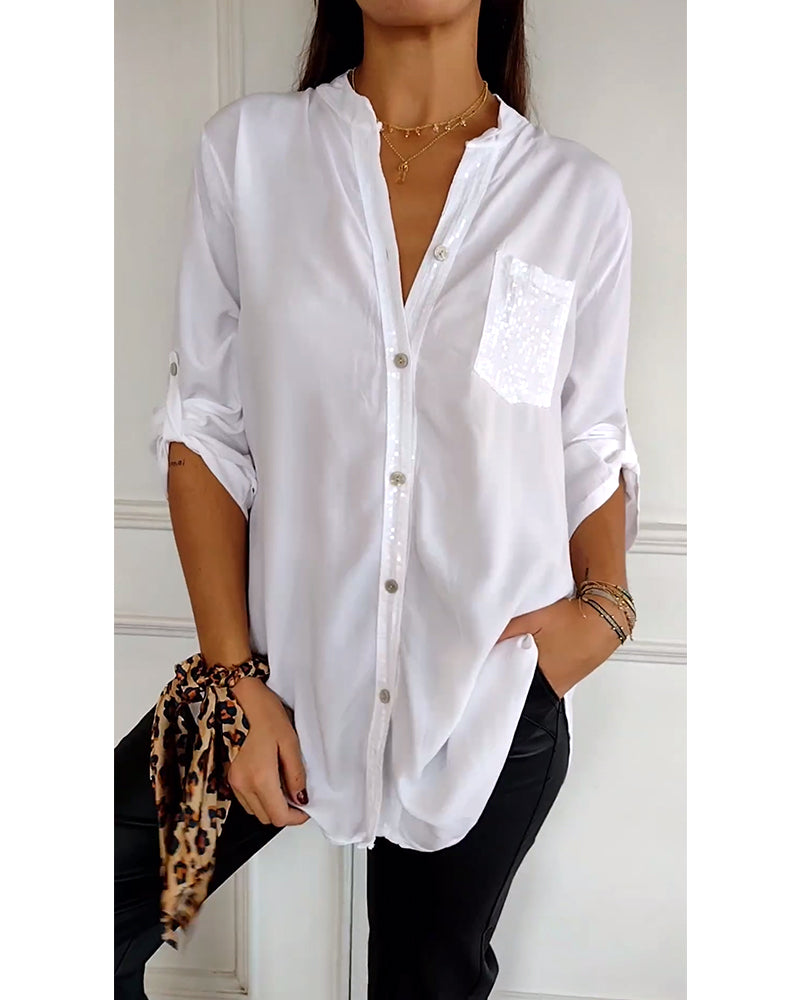 Laluna® | Casual Top Featuring Sequin Detail and Button Accents