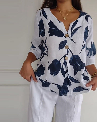 Floral Print Cotton-Linen Blend Top