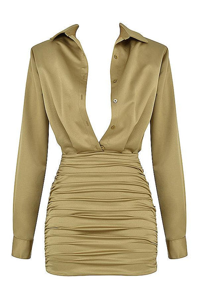 Laluna® Olive Green Satin Shirt Dress
