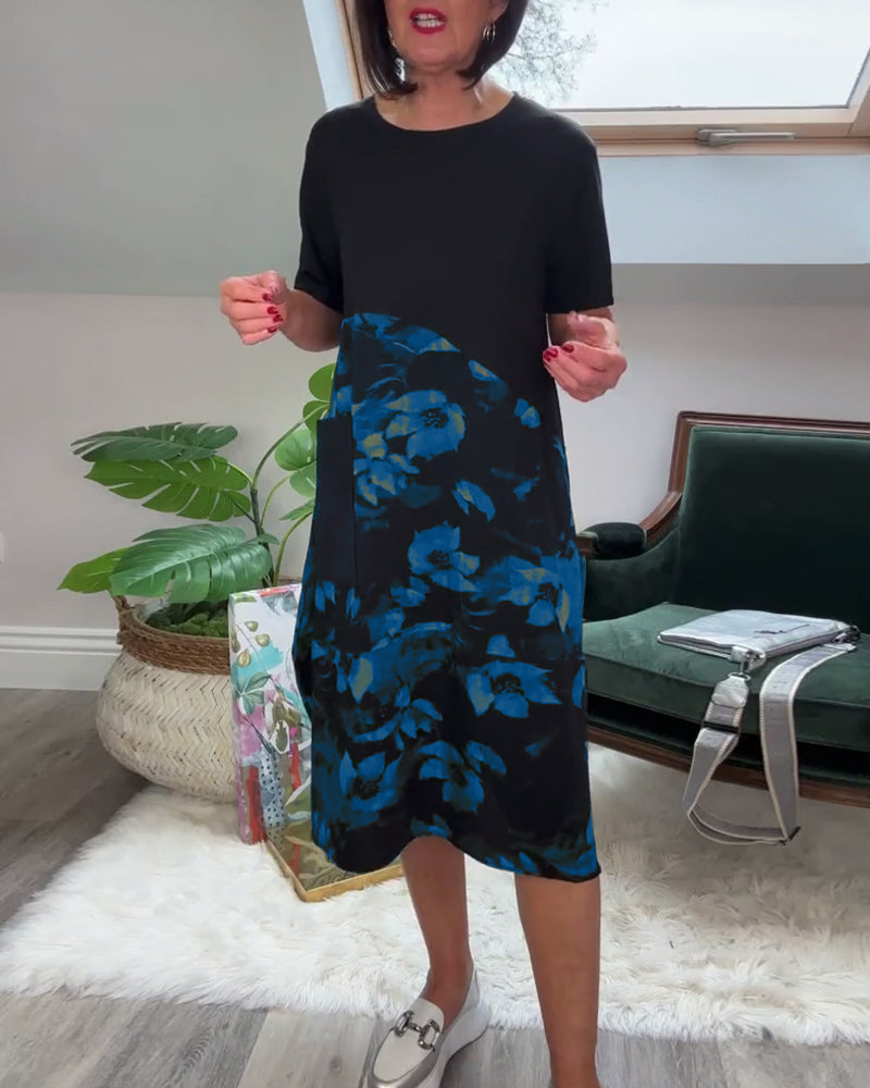 Floral Print Patchwork Dress with Round Neck