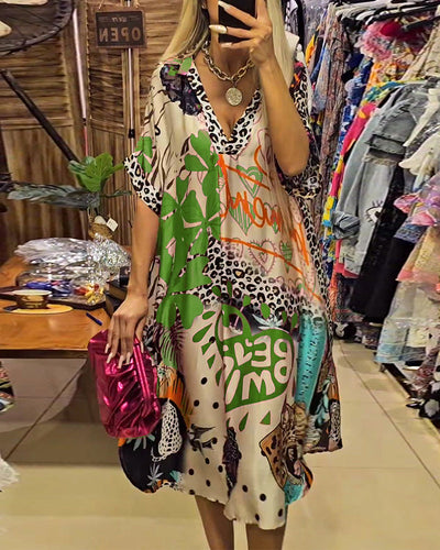 Laluna® | Vibrant Printed Casual Dress with Deep V-Neck