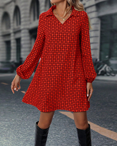 Long Sleeve Lapel Printed Dress